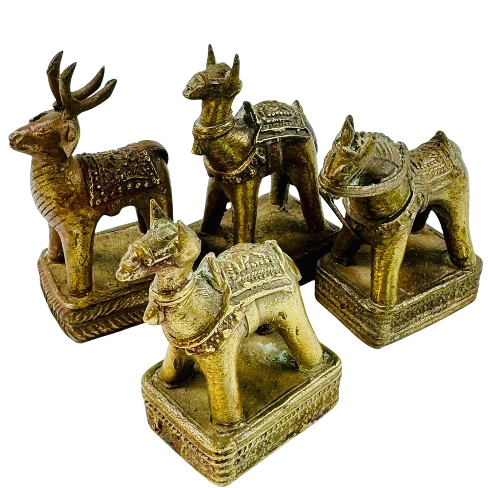 Antique Small Brass Animal Figurines Lot of 4 Stag Horse Llama Camel Dhokra Art